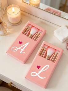 1 Set de Brochas de Maquillaje Portátil con Espejo y Cerdas Suaves, Patrón de Corazón Rosa, Caja para Set de Brochas de Maquillaje, Brocha de Maquillaje Multifuncional con Caja de Espejo, Bolígrafo de Maquillaje Multifuncional Miniatura, Brocha de Maquillaje para Base - Multicolor - Ver 4