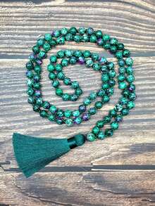 108颗6毫米绿帘石/黝帘石珠串成的玛拉项链，打结设计，配有流苏吊坠，波西米亚风格，适合瑜伽冥想和祈祷，男女皆宜。 - 彩色 - 查看 8