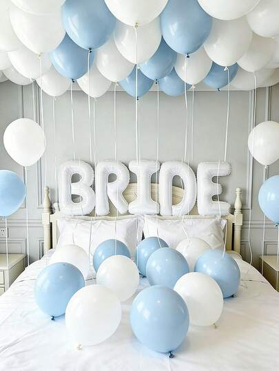 45pcs Bride Theme Balloon Set, 40-Inch White "BRIDE" Letter Balloon, Blue And White Latex Balloons Suitable For Bridal Shower, Bachelorette Party, Wedding Engagement Decoration