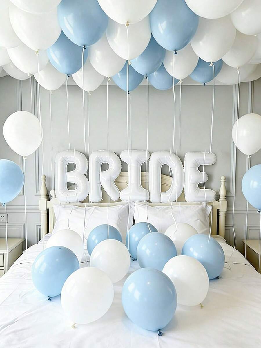 45件套新娘主题气球套装,包含一个40英寸白色“BRIDE”字母气球,以及蓝白相间的乳胶气球,适用于新娘送礼会、单身派对、婚礼订婚装饰。 - 新娘主題氣球 B - 查看 1