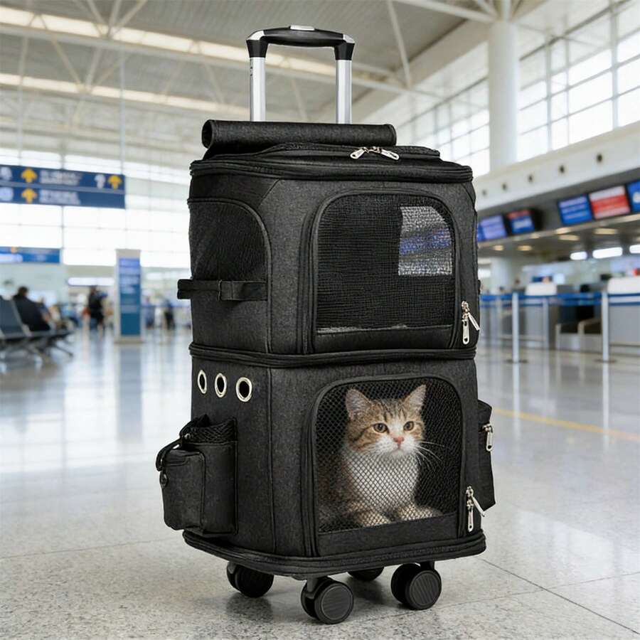 Rolling Pet Carrier With Wheels Double Compartment - Cat Travel Carrier For Small Dogs, Removable Divider For Medium Pet, Mesh Panels, Luggage Design - Black - View 1