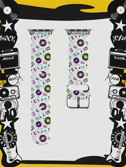 1pc Retro Vinyl Cassette Colorful Elastic Soft Breathable Replacement Watch Band Strap, Suitable Compatible With Samsung, Honor Smartwatches, 38mm 40mm 41mm 42mm 46mm 45mm 44mm 49mm, Music Instrument Note Pattern Daily Casual Silicone Watch Band Compatible With Apple Watch Ultra SE/11/10/9/8/7/6/5/4/3/2/1