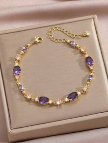1 chiếc vòng tay cổ điển màu tím đính pha lê giả và đá Cubic Zirconia, vòng tay dây xích cao cấp sang trọng dành cho nữ, dài 16.5cm kèm dây nối dài 5cm, mạ vàng, vòng tay đá sinh nhật, món quà hoàn hảo cho phái đẹp, phụ kiện cưới. - Vàng - Xem 2