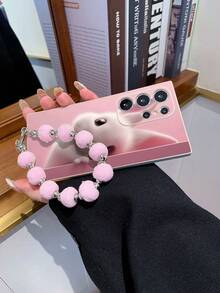 1pc Cute Fluffy White Rabbit Pattern TPU Soft Phone Case With Dusty Pink Tone, And 1pc Fashionable Fuzzy Pom Pom Wrist Strap Lanyard, Suitable For Samsung A14/A54/A56/A31 4G/A23, A98, S24/S25 Ultra, A5 13C/14C, Note 14/15 Pro 4G, K60 Ultra - Multicolor - View 4