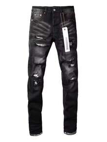 Men's Jeans Black Ripped Slim Fit Mid Waist Pants Suitable For All Seasons, Versatile Casual Small Leg Jeans For Men - màu đen - Xem 2