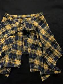 1pc Tie-Waist Asymmetric Plaid Hem Lace Skirt Overlay, Street Dance Costume Accessory - Multicolor - View 9