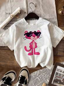Women's White T-Shirt With  Graphic And Sunglasses, Retro Cartoon Aesthetic Short Sleeve T-Shirt, Fun Modern Top, Casual Street Fashion Blouse - 黃色 - 查看 12