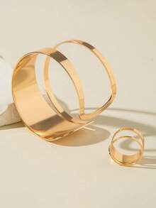 1 Set Minimalist Geometric Hollow Double-Layer Bracelet, Bracelet And Ring Jewelry Set, Gift For Women - Bracelet + Ring - View 2