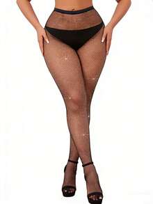 1 Pc Women's Black Rhinestone Fishnet Tights | High Elasticity Edgy Hot Girl Style | Perfect For Streetwear, Party & Night Out - Multicolor - View 7