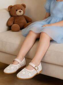 1 Pair Girls' New French Gentle White Lace Mary Jane Shoes, Girls' Princess Shoes, Summer Breathable Low Vamp Shoes, Baby's First Birthday Dress Shoes, Suitable For Parties And Daily Wear - Beige - View 3