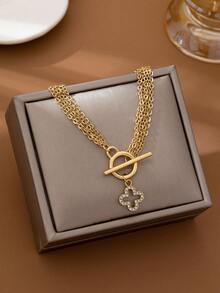 1件装多层链条OT扣镂空四叶草吊坠，简约优雅奢华首饰，适合派对和节日佩戴 - 金黃色 - 查看 2