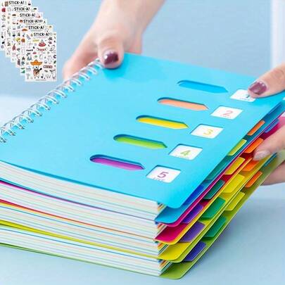 Temalı ayırıcı sayfaları ve sekme indeksleri bulunan canlı renklerde bir defter. Bu kompakt, spiral ciltli defter 240 sayfadan oluşmaktadır ve A5/B5 boyutlarında mevcuttur; öğrenciler ve genç yetişkinler için mükemmeldir.