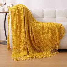 Cozy Knit Blanket With Ruffle Detail All-Season, Multi-Purpose & Comfortable For Camping, Sofa, Sunbathing, And Napping, Camping Essentials Ruffle Trim Blanket Knit, Camping Blanket - Wheat Ear Scarf Yellow - View 6