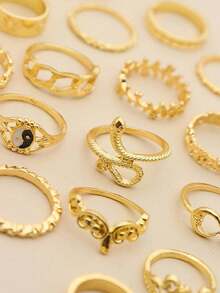 Bộ 16 nhẫn đốt ngón tay Bát Quái cổ điển, Mặt trời, Mặt trăng, Rắn, Lá, Hoa - Vàng - Xem 3