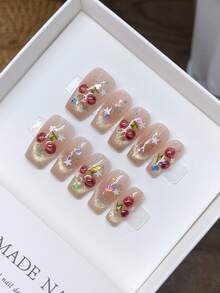 Pure Handmade Press-On Nails, Square Nail Shape, Hand-Painted Cat Eye Cherry Press-On Nails, Y2K, Minimalist Design Nail Art, Fulr Fake Nails, Y2K Nails, Stamping Nail Art, Unique Niche Creative Fake Nails, Daily Nail Art, Daily Use, Summer And Spring Nails - Multicolor - View 5