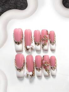 10pcs Luxury Heir Acrylic Nail Art Kit, Includes Champagne Rhinestones, White 3D Bow, Golden Cross, White Nail Polish, Nail Tools (1 Jelly Sticker + 1 Nail File), Almond & Oval Nail Shapes, Suitable For Daily, Party, Photo Shoot, Office Occasions Press On Nails - 彩色 - 查看 10