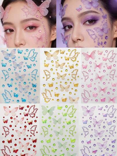 1pc Eye Decoration Face Sticker, Dreamy Purple Blue Pink Red Green Yellow Butterfly Face Decoration Sticker, Sparkling Diamond Butterfly Eye Rhinestone Sticker, Suitable For Girls To DIY Makeup Face Decoration, Party Stage Creative Makeup Stickers