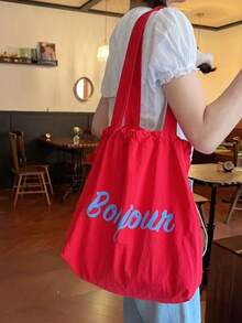 Túi vải bố một vai cỡ lớn có dây rút, kiểu dáng mới năm 2026, túi xách tay bằng nylon in chữ Nhật, thích hợp cho việc đi lại hàng ngày. - Đỏ - Xem 2