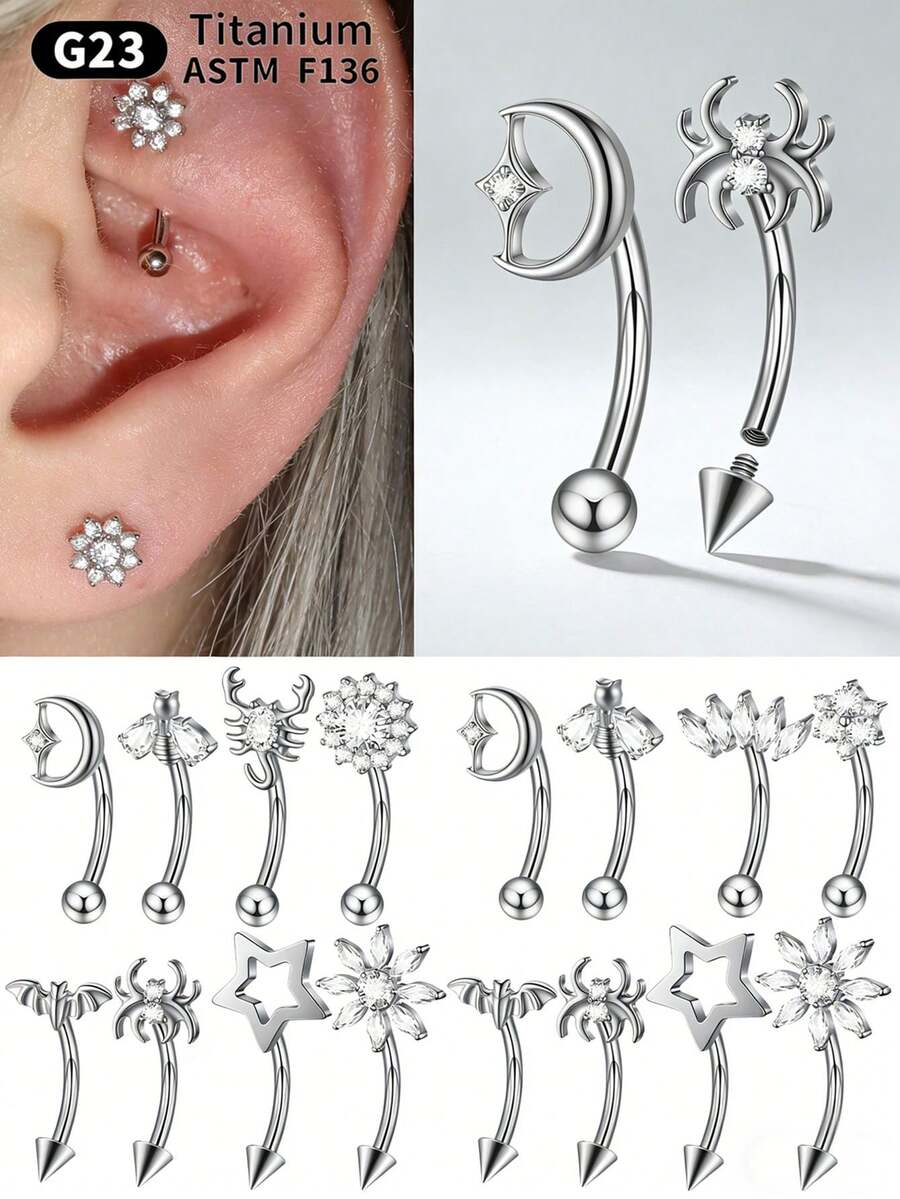 1PC TItanium Butterfly Rook Piercing Cz Flower/Spider/Moon Eyebrow Navel Ring Flower Cuved Rook Barbell Ear Tragus Cartilage Earrings Piercing