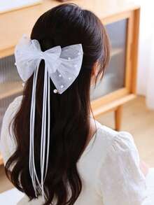 1pc Girl's Tassel Bow Mesh Hair Scrunchie, Suitable For Daily Use - Multicolor - View 1
