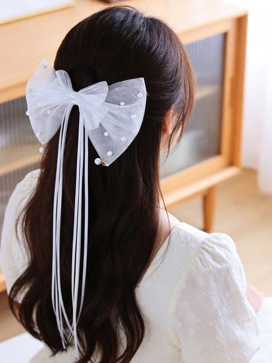 1pc Girl's Tassel Bow Mesh Hair Scrunchie, Suitable For Daily Use - Multicolor - View 1