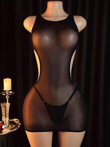 Women's 2-Piece Sheer Mesh Lingerie Set, Sleeveless Hollow Out Dress With Thong And Garter Belt, Sexy Back Buckle Design - Black - View 3