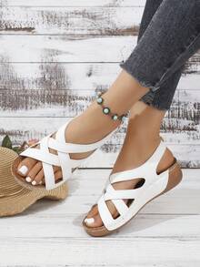 女士厚底交叉搭扣坡跟凉鞋，纯色时尚沙滩波西米亚休闲性感交叉绑带女士坡跟凉鞋，夏季 - 白色 - 查看 6