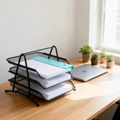 3-laags metalen gaas documentenorganizer / A4-documenthouder / Meerlaagse bureau-documentenbak / Opbergrek van ijzerdraad