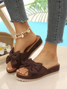 Women's Platform Wedge Sandals, Bowknot Slip-On Thick Sole Slippers, Summer Sandals - Coffee Brown - View 4