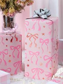 1/3/6 Rolls Pink Wrapping Paper, Cute Bow Design Gift Wrap, Double-Sided Plaid Pattern Suitable For Baby Shower, Birthday, Wedding - Multicolor - View 2