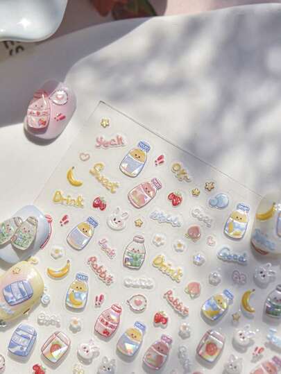 ملصقات فن الأظافر بتصميم الأصداف، زجاجات الحليب والعصائر والمشروبات، أرنب جميل، فراولة، خوخ، موز، فيونكة، ملحقات أظافر 5D، ملصقات لاصقة لتزيين المناكير