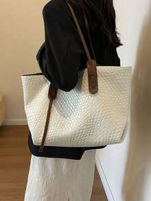 Dedoo Women's Multifunctional Solid Color Woven Pattern PU Leather Handbag, Minimalist Large Capacity Top Handle Shoulder Tote Bag, Casual Lightweight Commuter Tote Suitable For Daily Office, Fashionable Waterproof Square Outdoor Travel Shopping Handbag - White - View 7