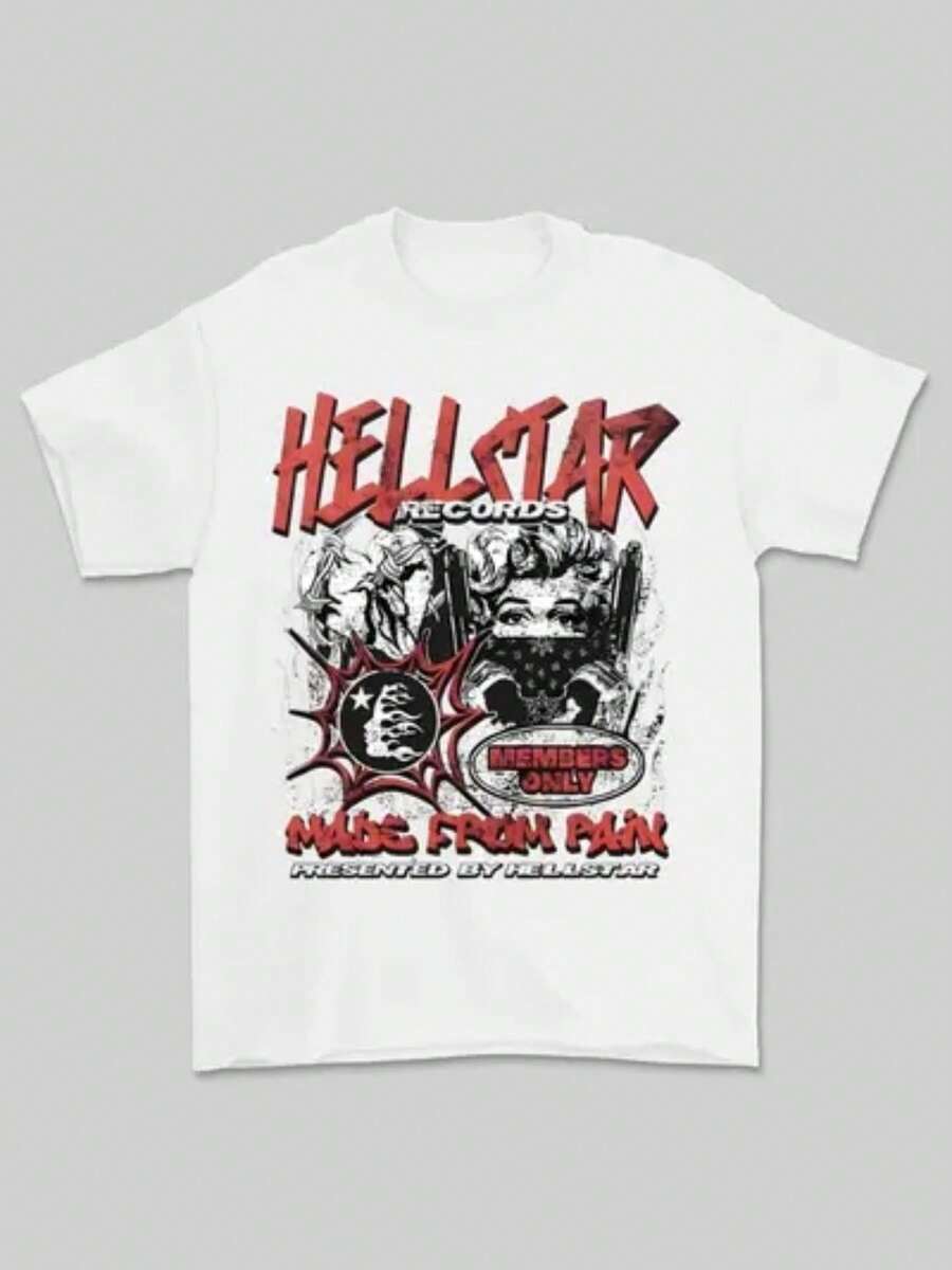 Plus Size Hellstars Made From Pain Y2K Graphic T-Shirt,220g 100% Cotton,Round Neck Short Sleeve,White Streetwear Essential,Unisex Style - Black - View 1