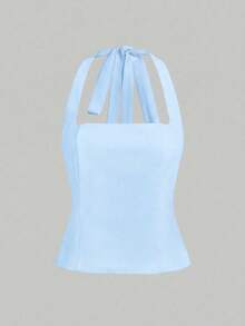 French Elegant Casual Square Neck Backless Top & Straight Skirt Two Pieces Women Summer Set - Blue - View 8
