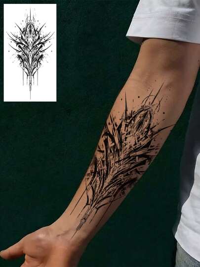 1张酷炫霸气黑色临时纹身贴纸，逼真持久不反光，男女通用，防水防汗，适用于手臂、腿部，外观如同真纹身，易于粘贴，可持续7-10天。