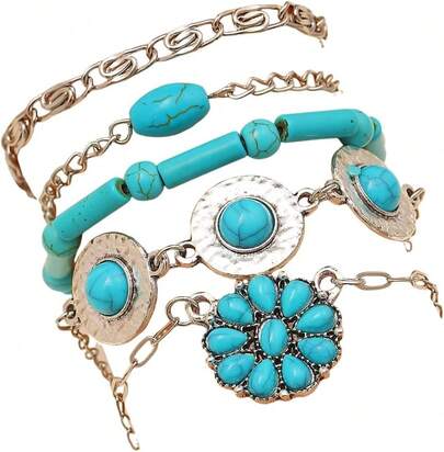Caiyao Bohemian Retro Western Cowgirl Turquoise Beaded Stackable Bracelets Turquoise Bull Cow Cactus Boot Pendant Bracelets Women Holiday Jewelry