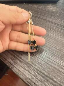 一对欧美新款黑色心形流苏耳环，优雅奢华百搭耳环 - 彩色 - 查看 5