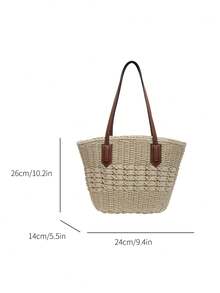 简约百搭草编手提包，休闲通勤腋下编织包，旅行度假沙滩包 - 米色 - 查看 2