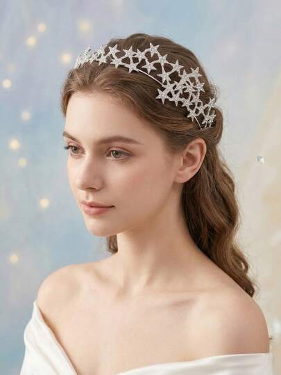 1PC Women's Elegant Silver Star Rhinestone Crown Princess Tiara Sparkly Bridal Wedding Hair Accessories For Party Prom,Celestial Starburst Crystal Tiara Fairycore Silver Rhinestone Crown Headpiece For Women Birthday Wedding Party