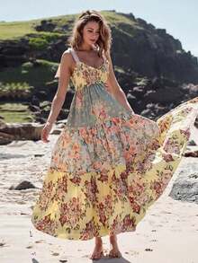 Women's Spring/Summer Bohemian Elegant Ditsy Floral Contrast Color Spaghetti Strap Backless Bow Tie Strap Maxi Dress, Fashion Boho Style High Waist Slimming Chiffon Floral Flowing Maxi Dress - Yellow - View 3