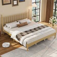 King Size Wood Platform Bed With Gourd Shaped Headboard,Retro Style Platform Bed With Wooden Slat Support,Walnut - Natural + Wood + King - View 2