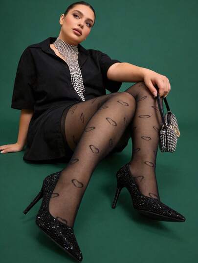 1pc 20D Transparent Sexy Tight Pants Open Heart Pantyhose, Breathable Leg Flattering Lace Heart Pattern Black Stockings, Comfortable Soft Tights, All-Match Versatile Leggings, Suitable For Home, Work, Halloween, Christmas