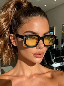 一副男女通用方形亮黄色复古百搭太阳镜，适合家庭出游、旅行、海滩度假、户外活动及其他场合。 - 薑色 - 查看 1