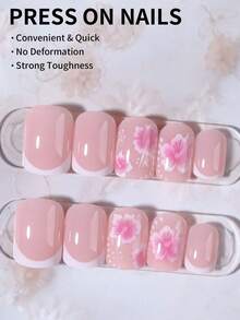 24 unhas postiças curtas quadradas com design de hibisco, estilo francês, com 1 gel e 1 lixa de unha. - Multicolorido - Ver 2