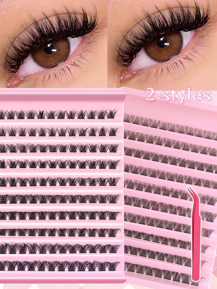 120/240 簇假睫毛，长度 8-16 毫米，自然纤细，D 卷度，浓密 DIY 假睫毛，适合淡妆/浓妆，日常使用和旅行，单根假睫毛（带镊子） - D - 查看 1