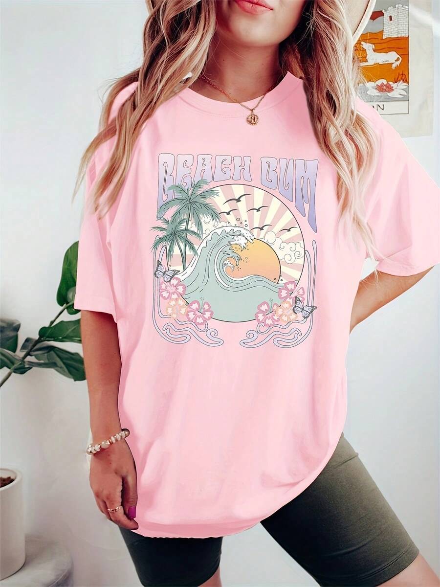 Landscape Loose Size Casual T-Shirt, Women's Plus Slogan Print Round Neck Short Sleeve High Stretch T-Shirtwinter Clothes For Women - 粉色 - 查看 1
