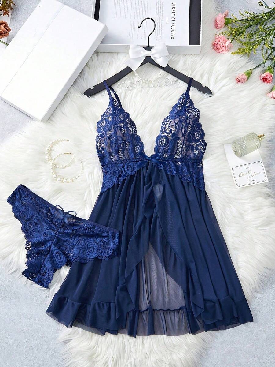 SOFUSEN Đồ ngủ ren và lưới gợi cảm, thanh lịch và lãng mạn, mềm mại và thoải mái, phù hợp cho mọi mùa - Thiết kế xẻ tà phối ren, cổ chữ V sâu, hở lưng, không tay, co giãn và quyến rũ, bộ quà tặng đồ ngủ. - Màu xanh hải quân - Xem 1