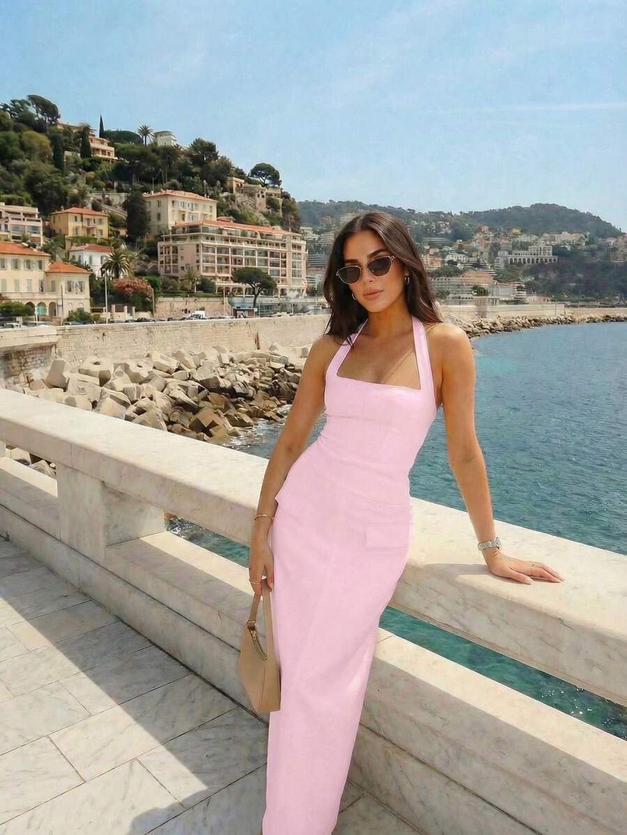 French Elegant Casual Square Neck Backless Top & Straight Skirt Two Pieces Women Summer Set Pink - Pink - View 1