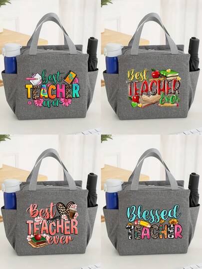 Thermal Bag, The Teacher Appreciates The Insulated Portable Cooler Bag With Foil Lining, Featuring Designs For The 'Best Teacher' And 'Lucky Teacher', With A Black Cutlery Storage Bag, Double Pocket Lunch Box Bag, Large Capacity, Portable Travel Picnic Bag,Office School Lunch Bag ,Camping Work Holiday Insulated Lunch Box Bag, Suitable For The Office And School, Making It A Perfect Gift For Educators, Men And Women.