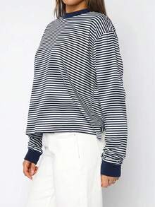 Áo thun nữ dài tay cổ tròn phối màu sọc tương phản mùa xuân/hè Vaiaye, kiểu dáng tối giản, rộng rãi, phù hợp mặc hàng ngày và đi làm. - Màu xanh hải quân - Xem 6